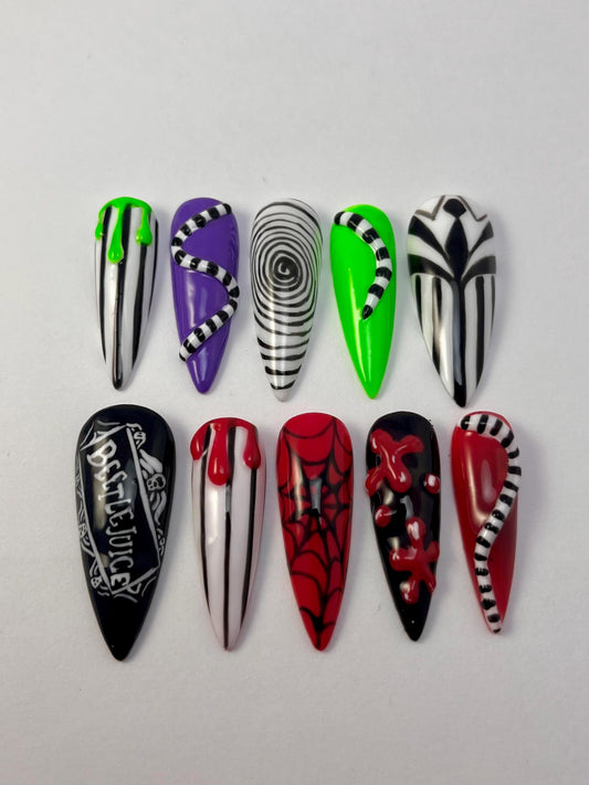 Beetlejuice Inspired Handpainted Press-On Nails