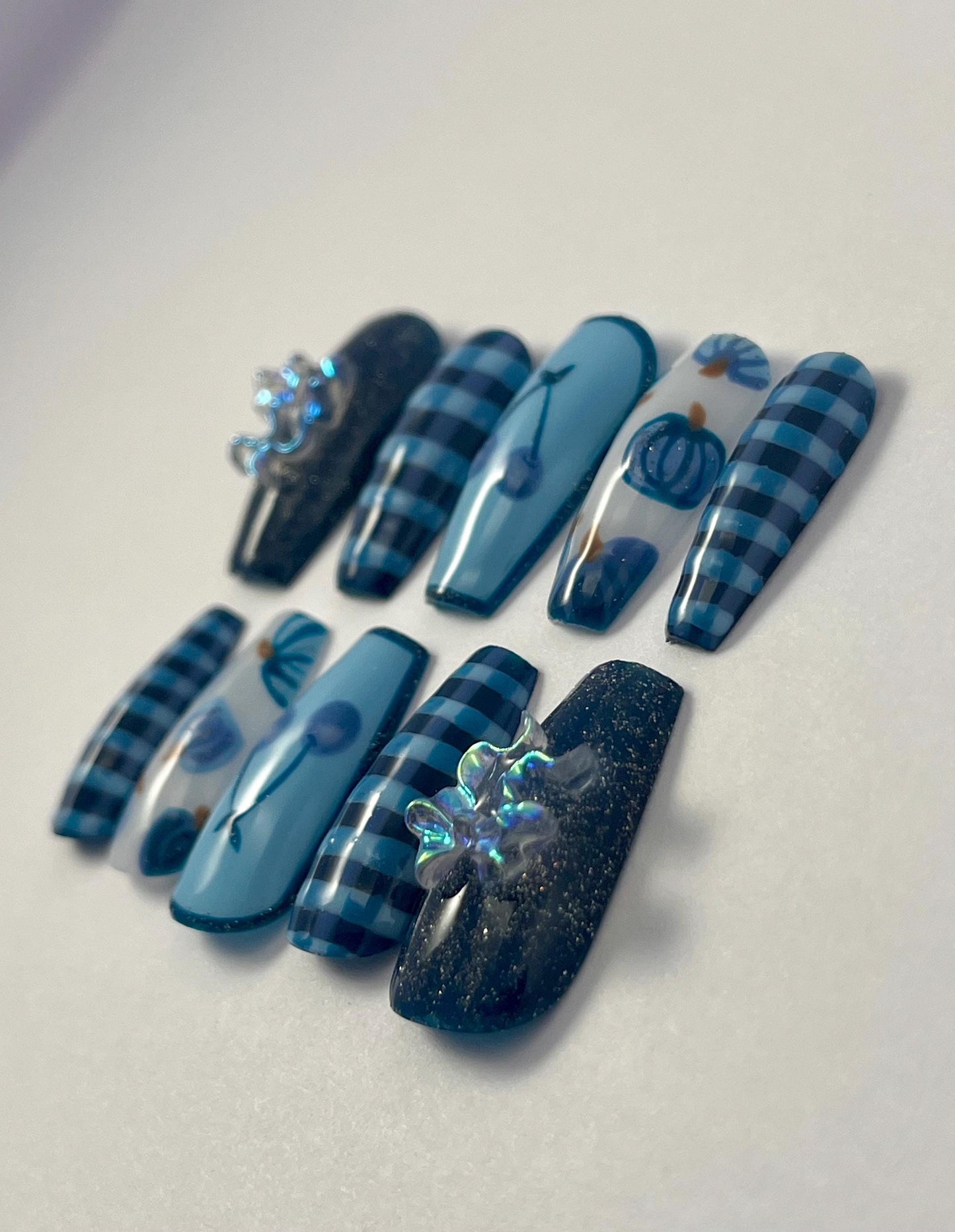 Blue Gingham Plaid Handpainted Press-On Nails