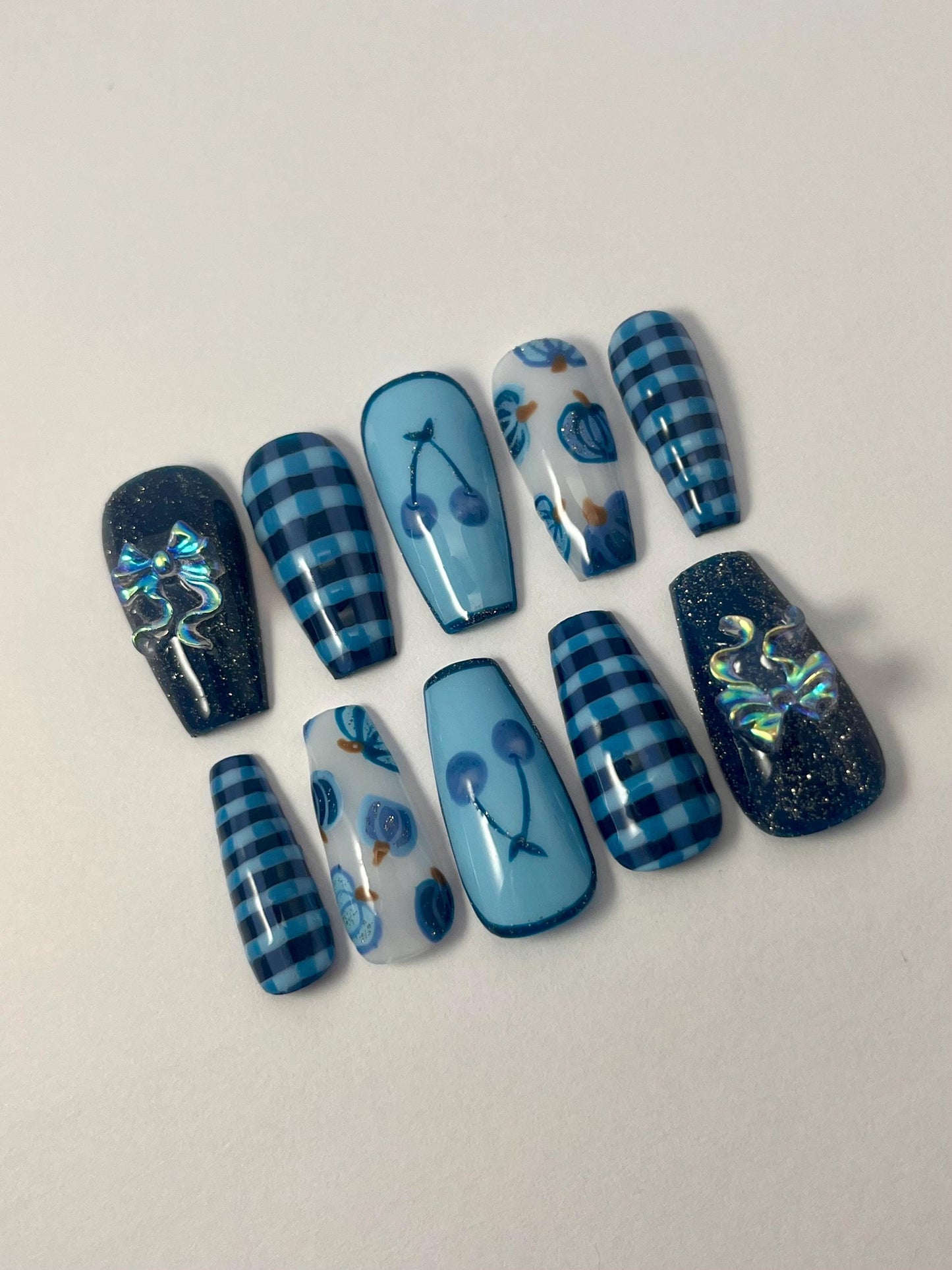 Blue Gingham Plaid Handpainted Press-On Nails