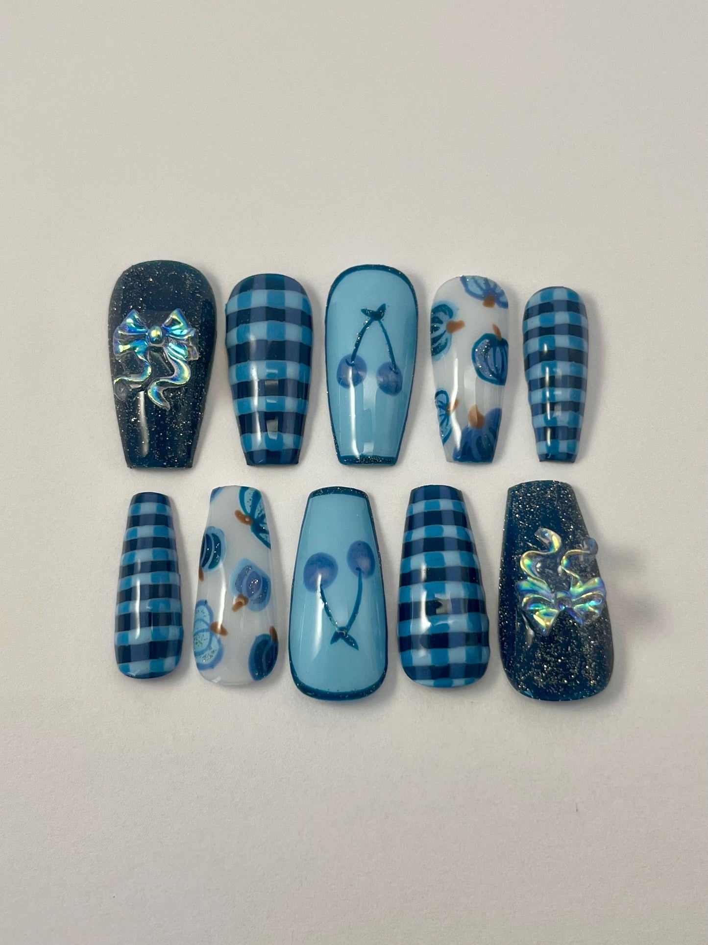 Blue Gingham Plaid Handpainted Press-On Nails