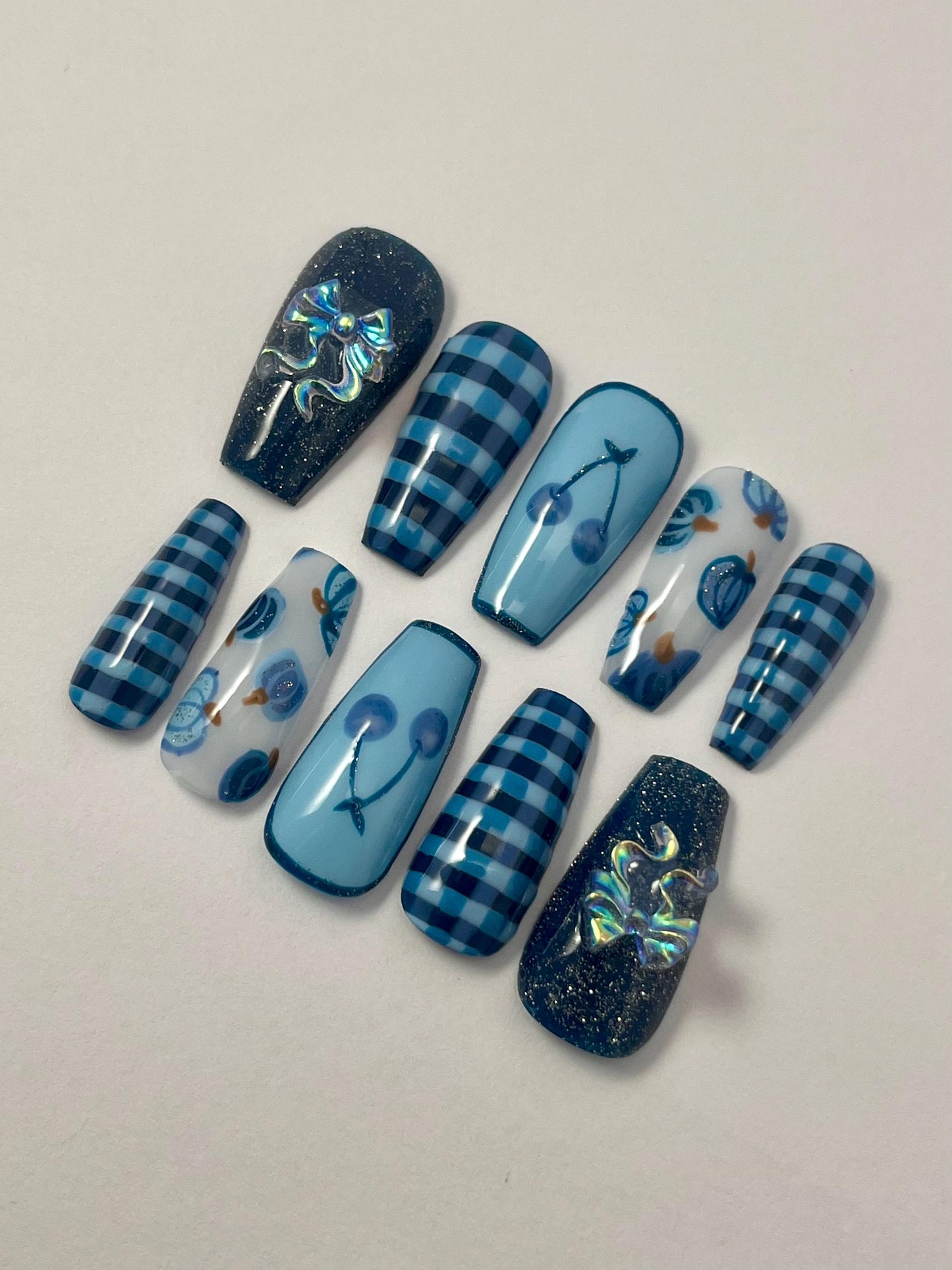 Blue Gingham Plaid Handpainted Press-On Nails