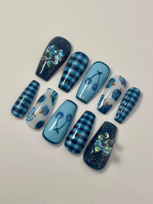 Blue Gingham Plaid Handpainted Press-On Nails
