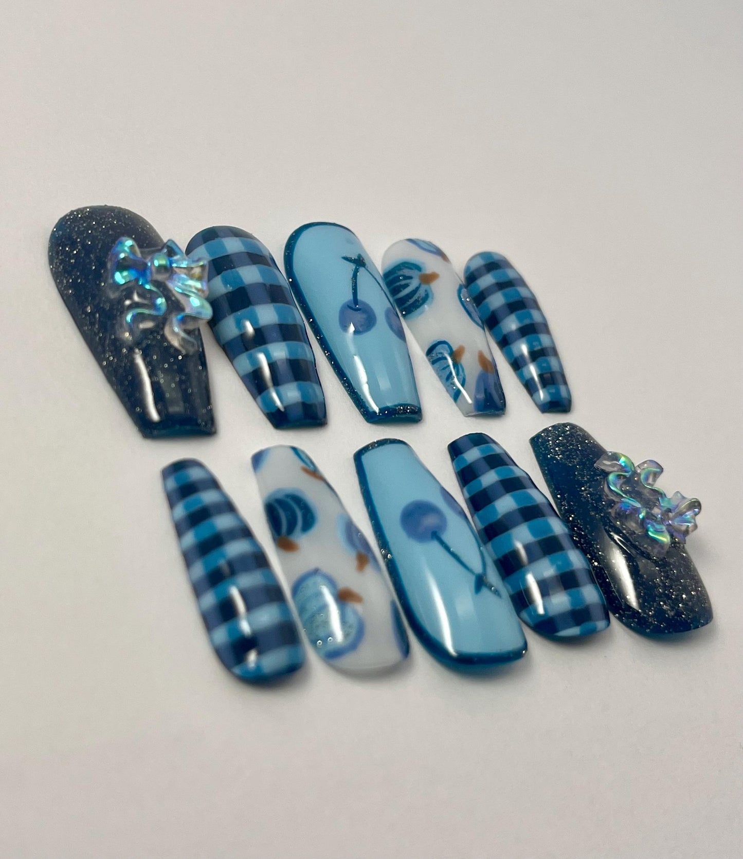 Blue Gingham Plaid Handpainted Press-On Nails