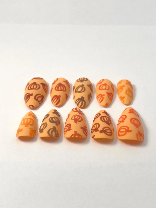 Matte Fall Pumpkins Handpainted Press-On Nails