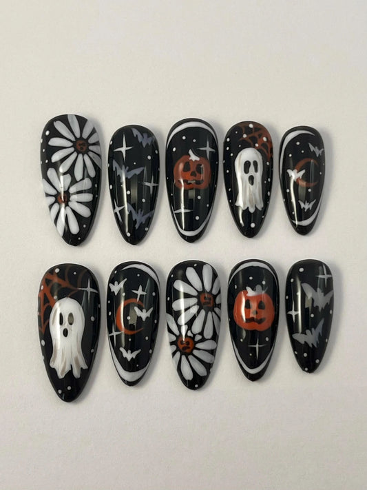 Halloween Ghost and Pumpkin Handmade Press-On Nails